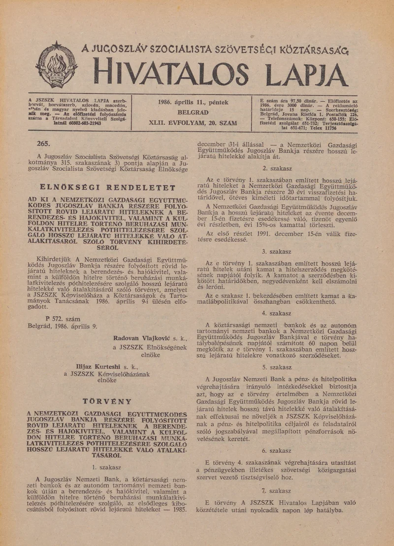 A Jugoszláv Szocialista Szövetségi Köztársaság Hivatalos Lapja, 42. évf. 1986. április 11. 20. sz. 541–592. oldal