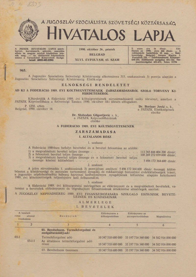 A Jugoszláv Szocialista Szövetségi Köztársaság Hivatalos Lapja, 46. évf. 1990. október 26. 63. sz. 1885–1940. oldal