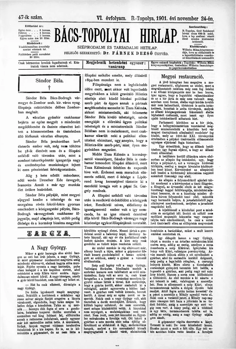 Bács-Topolyai Hirlap, 6. évf. 1901. november 24. 47. sz.