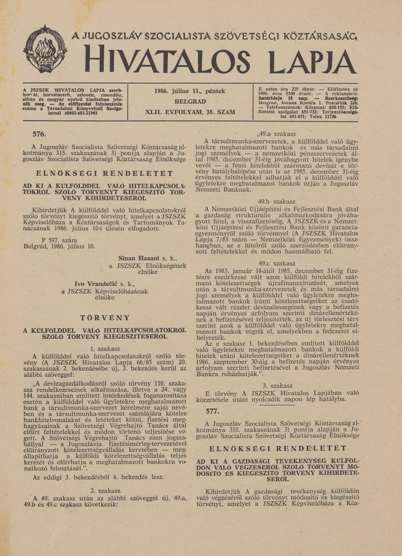 A Jugoszláv Szocialista Szövetségi Köztársaság Hivatalos Lapja, 42. évf. 1986. július 11. 38. sz. 1121–1156. oldal