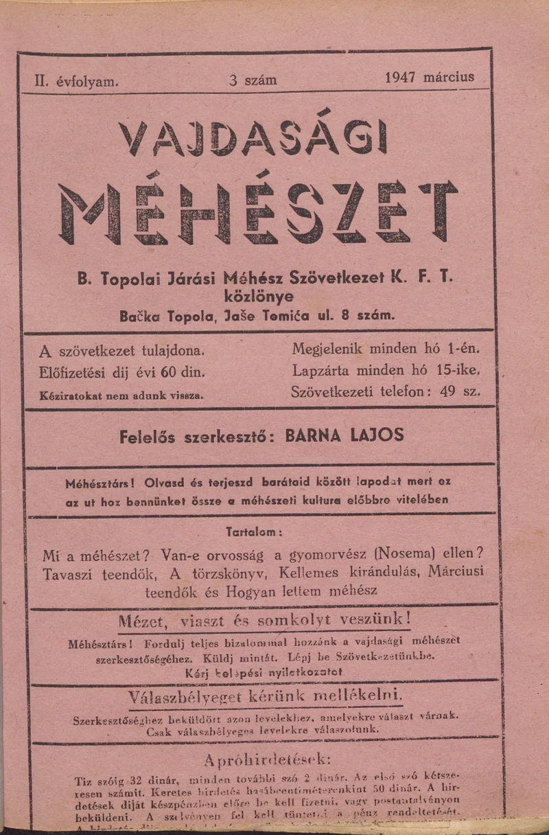 Vajdasági méhészet Bácska Topolya, 2. évf. 1947. március 1. 3. sz.