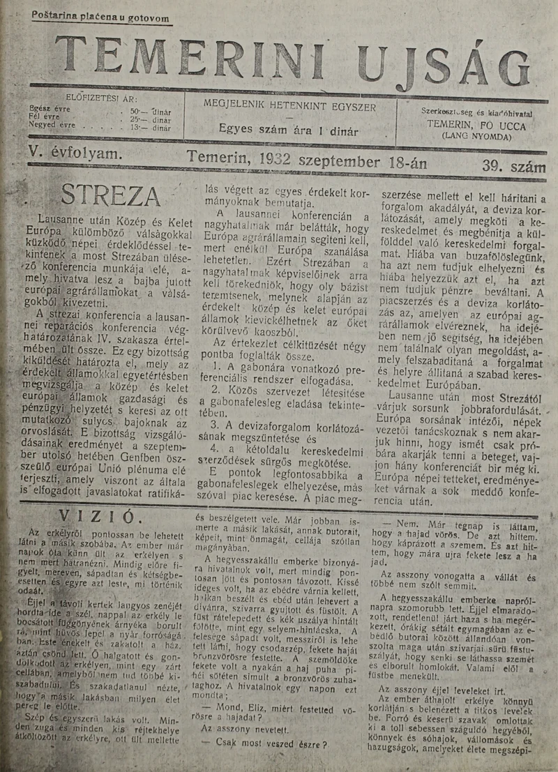 Temerini Újság 1928-1944, 5. évf. 1932. szeptember 18. 39. sz.