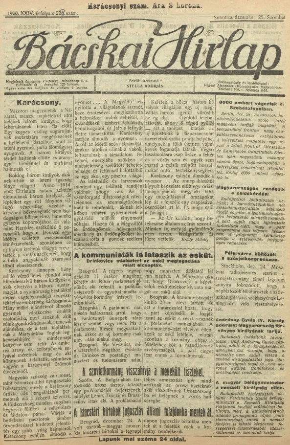 Bácskai Hirlap, 24. évf. 1920. december 25. 229. sz.