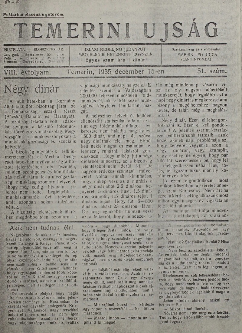 Temerini Újság 1928-1944, 8. évf. 1935. december 15. 51. sz.