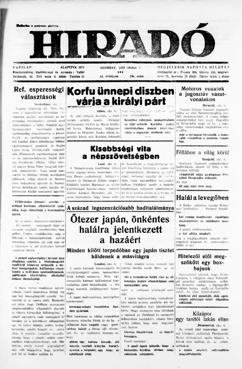 Híradó, 62. évf. 1933. október 7. 236. sz.