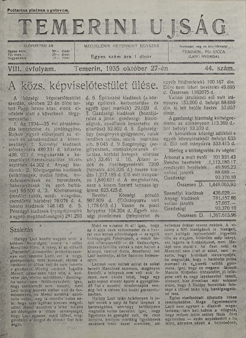 Temerini Újság 1928-1944, 8. évf. 1935. október 27. 44. sz.