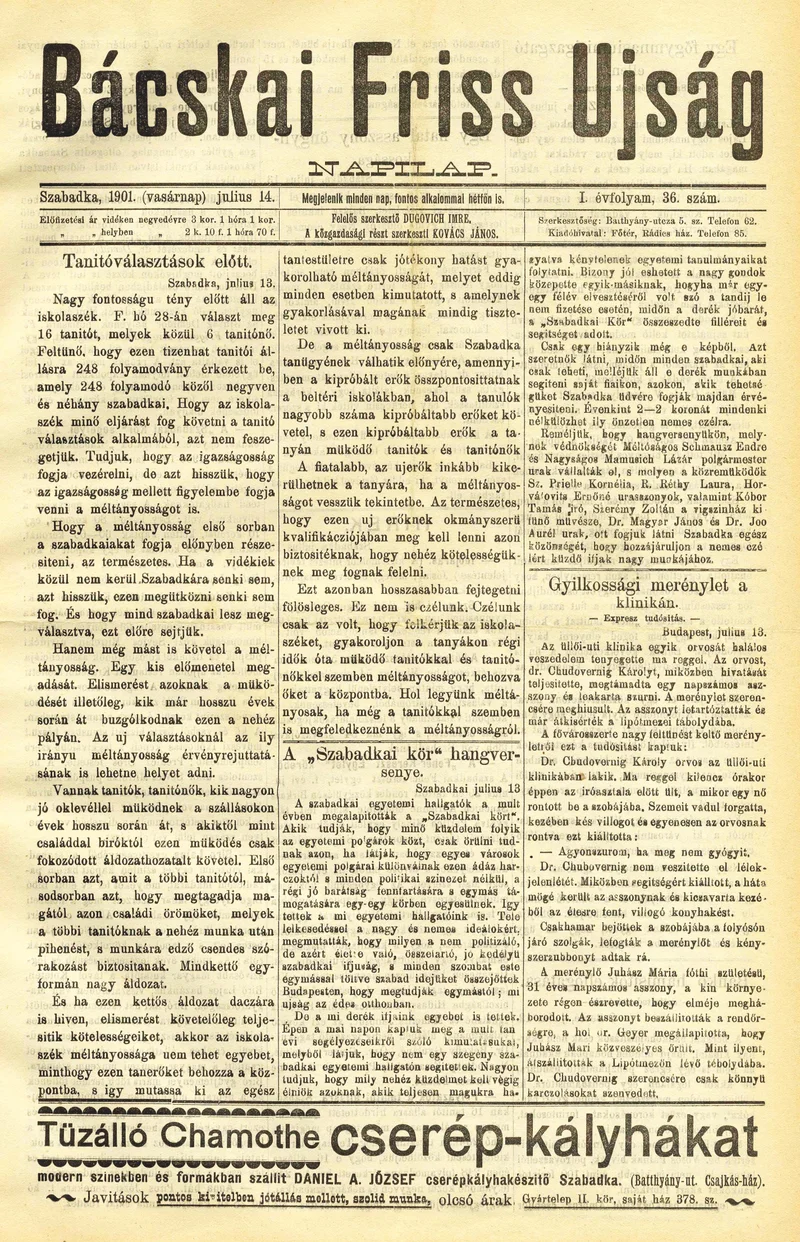 Bácskai Friss Ujság, 1. évf. 1901. július 14. 36. sz.