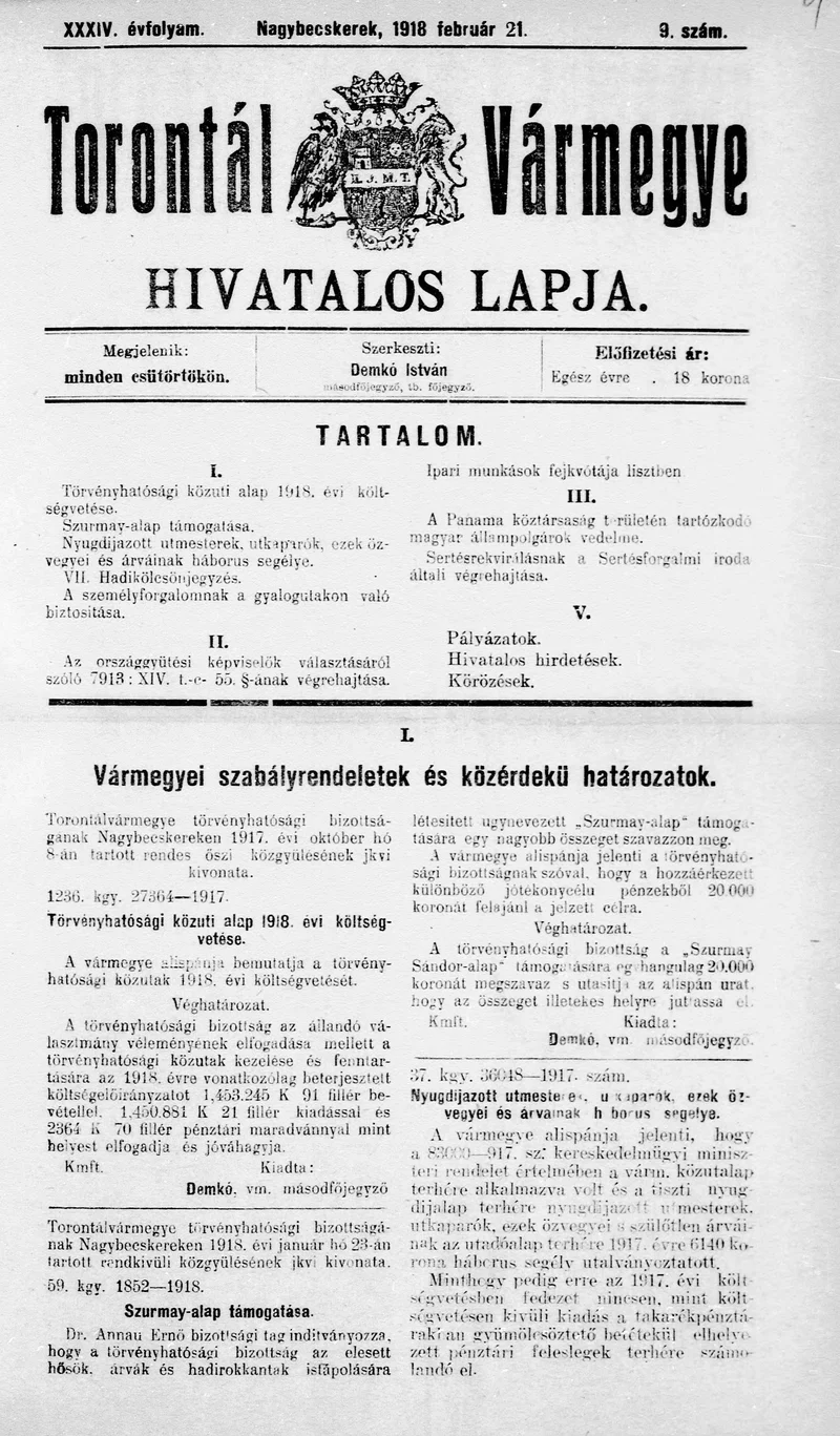 Torontál Vármegye Hivatalos Lapja, 34. évf. 1918. február 21. 9. sz.