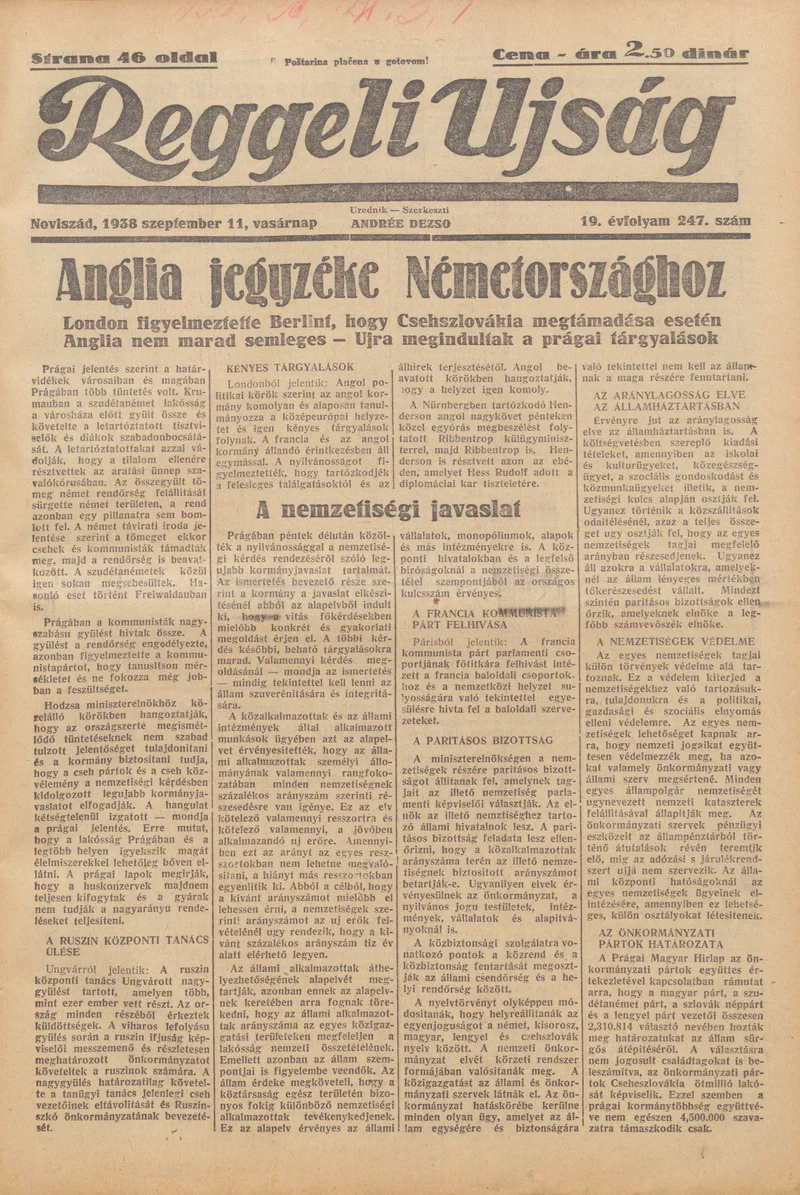 Reggeli Újság, 19. évf. 1938. szeptember 11. 247. sz.