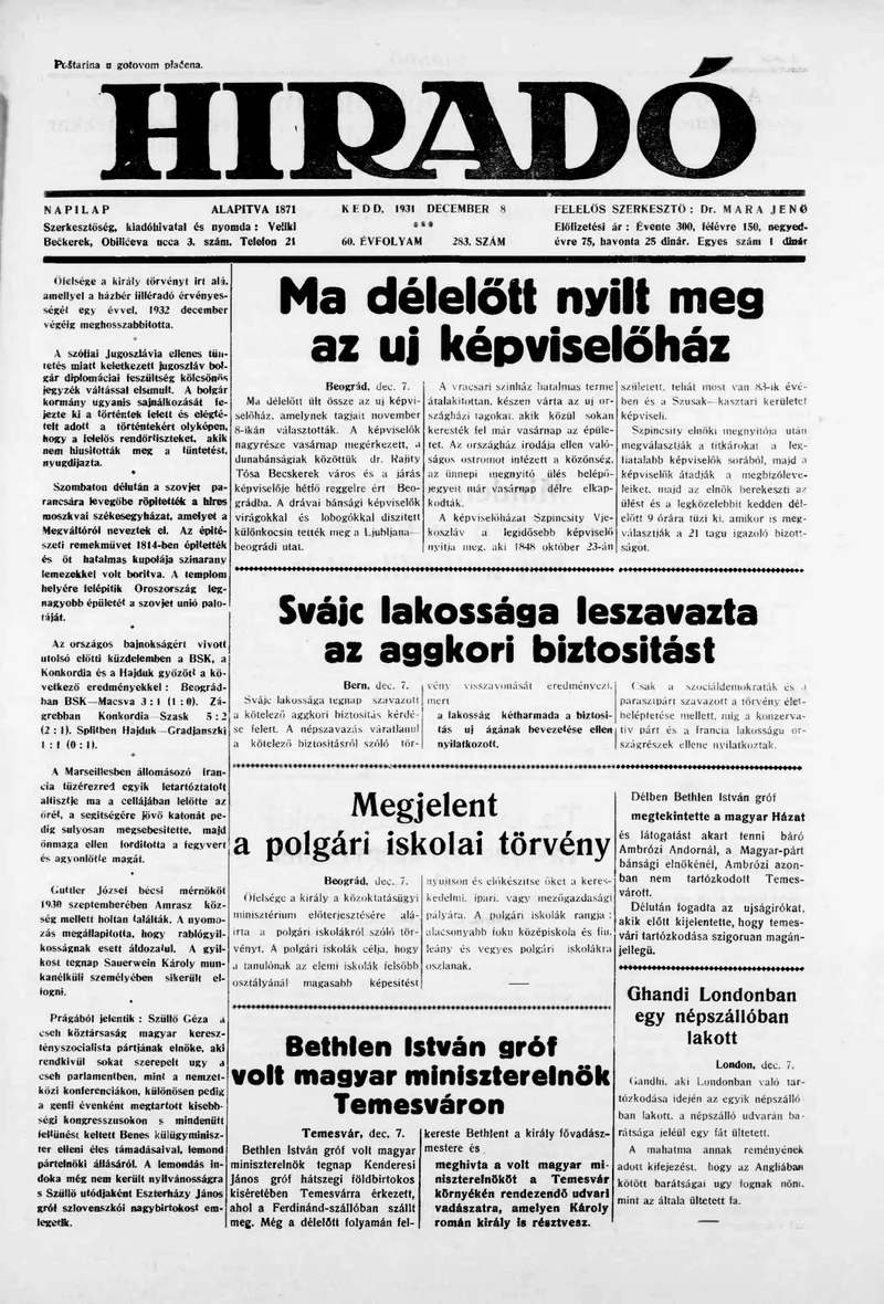 Híradó, 60. évf. 1931. december 8. 283. sz.