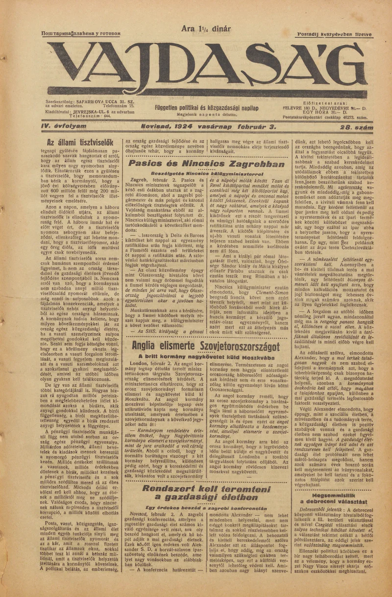Vajdaság, 4. évf. 1924. február 3. 28. sz.