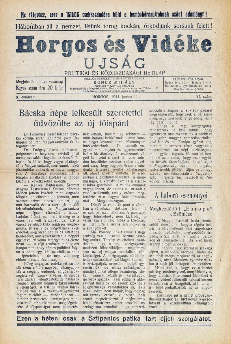 Horgos és vidéke, 9. évf. 1944. június 11. 24. sz.