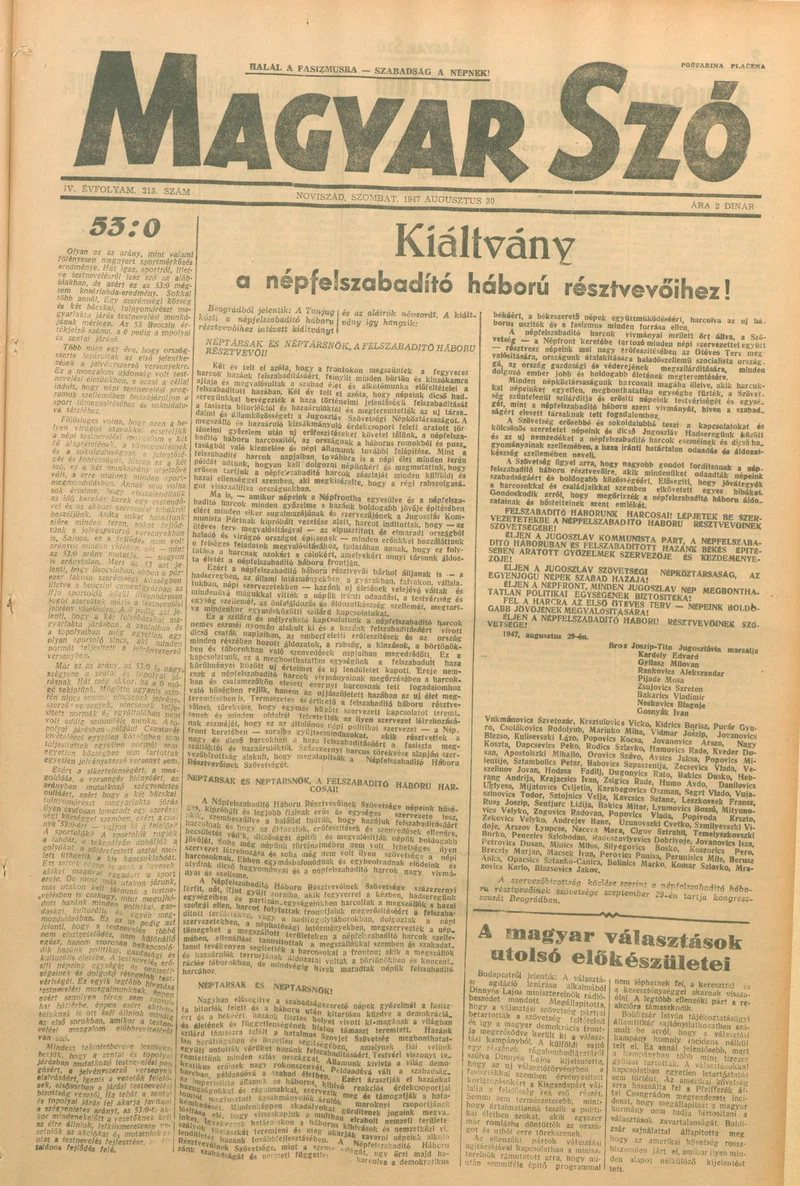 Magyar Szó, 4. évf. 1947. augusztus 30. 213. sz. 1–6. oldal