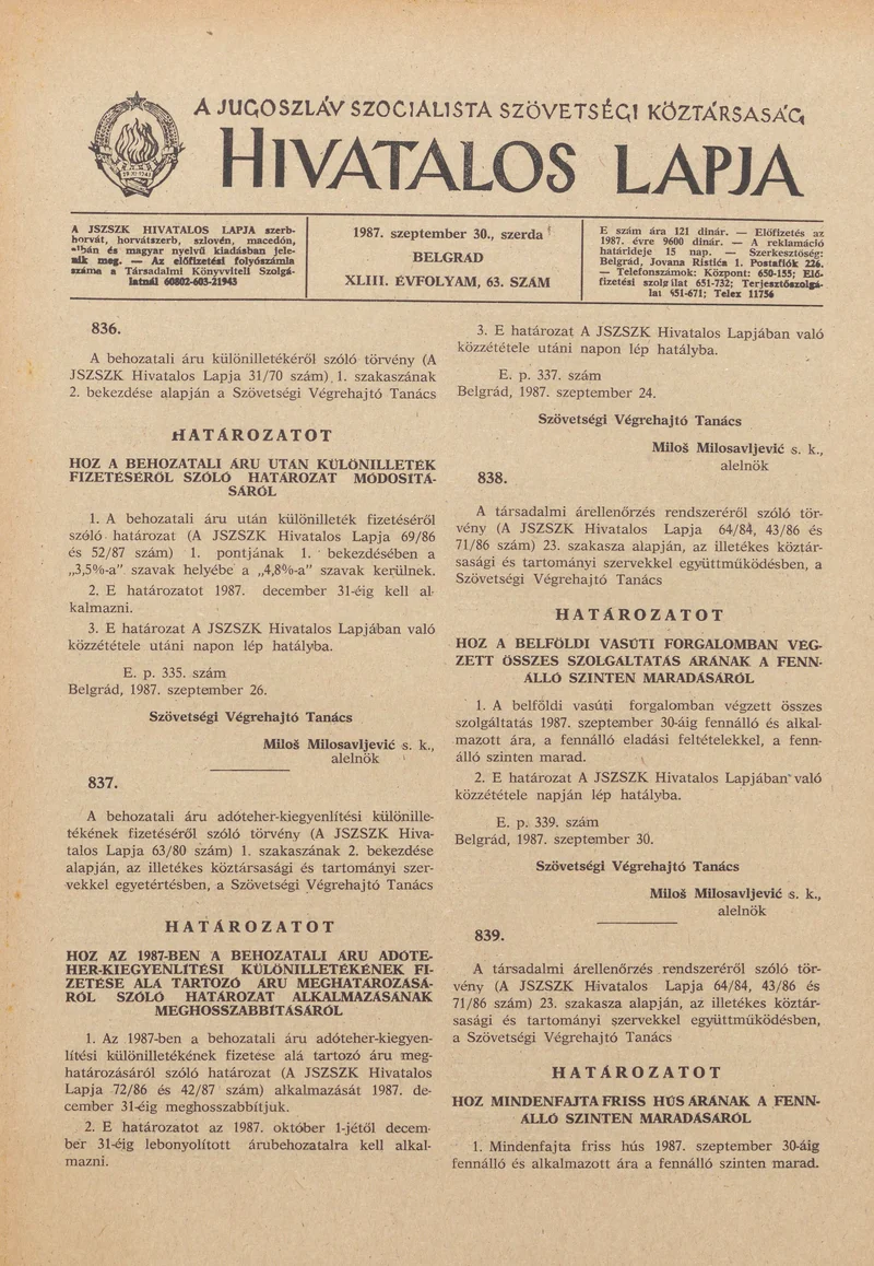 A Jugoszláv Szocialista Szövetségi Köztársaság Hivatalos Lapja, 43. évf. 1987. szeptember 30. 63. sz. 1497–1500. oldal