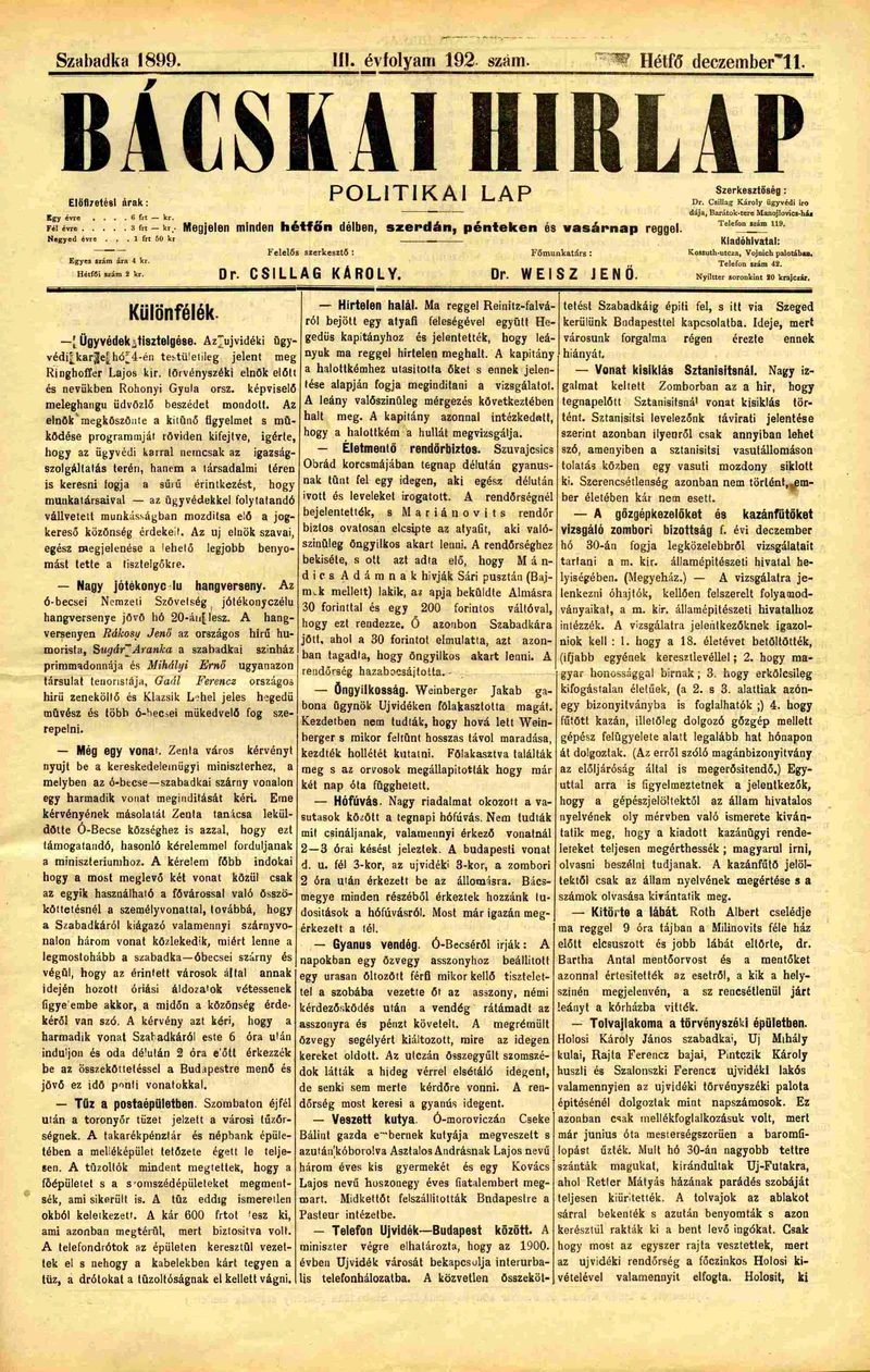 Bácskai Hirlap, 3. évf. 1899. december 11. 192. sz.