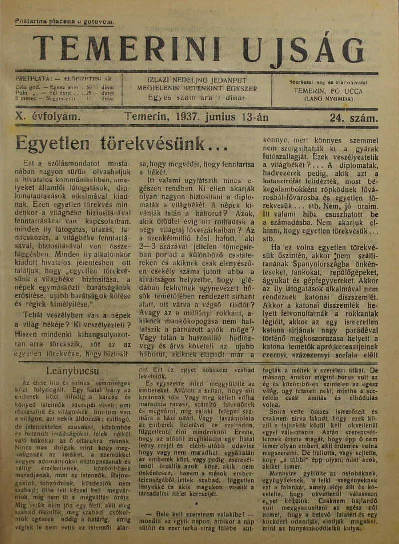 Temerini Újság 1928-1944, 10. évf. 1937. június 13. 24. sz.
