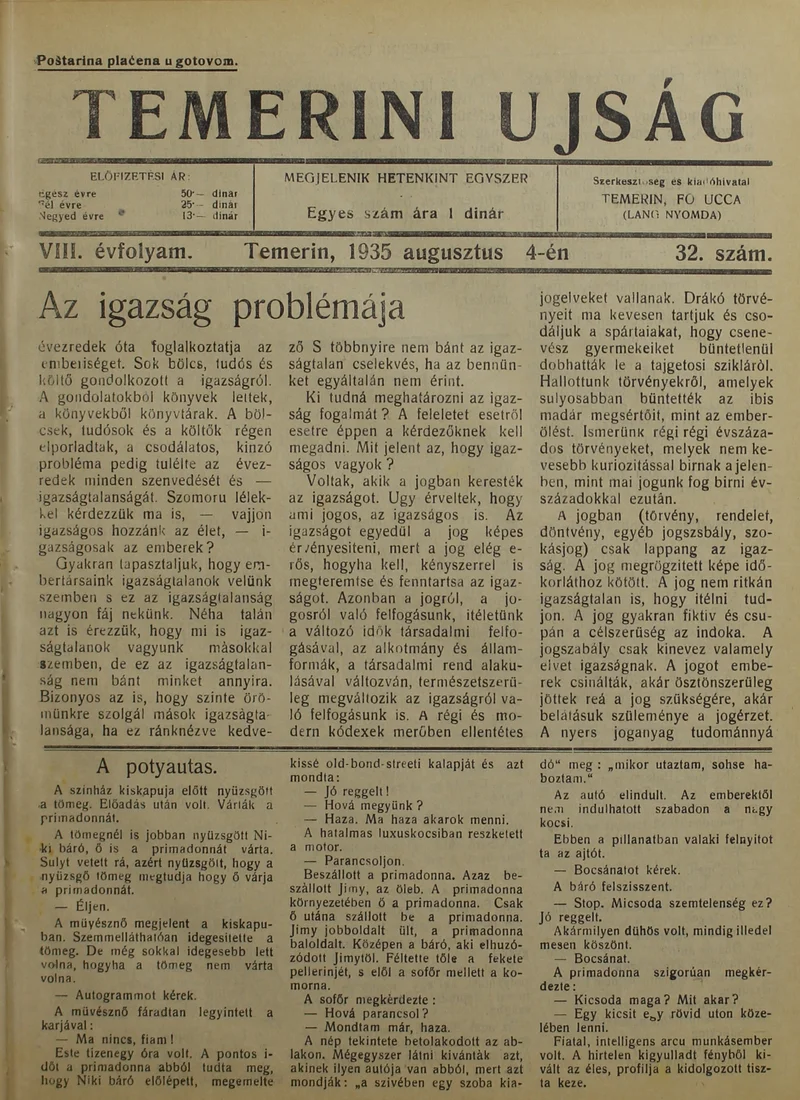 Temerini Újság 1928-1944, 8. évf. 1935. augusztus 4. 32. sz.