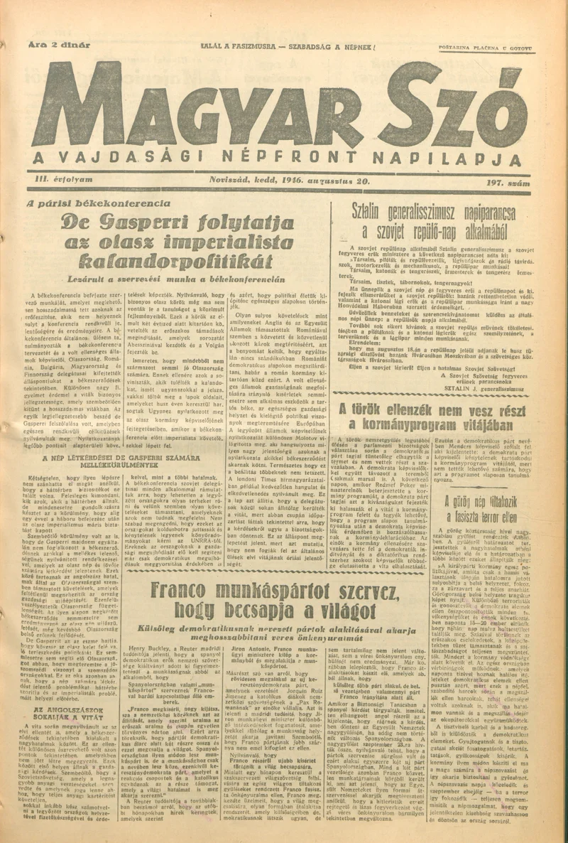 Magyar Szó, 3. évf. 1946. augusztus 20. 197. sz. 1–8. oldal