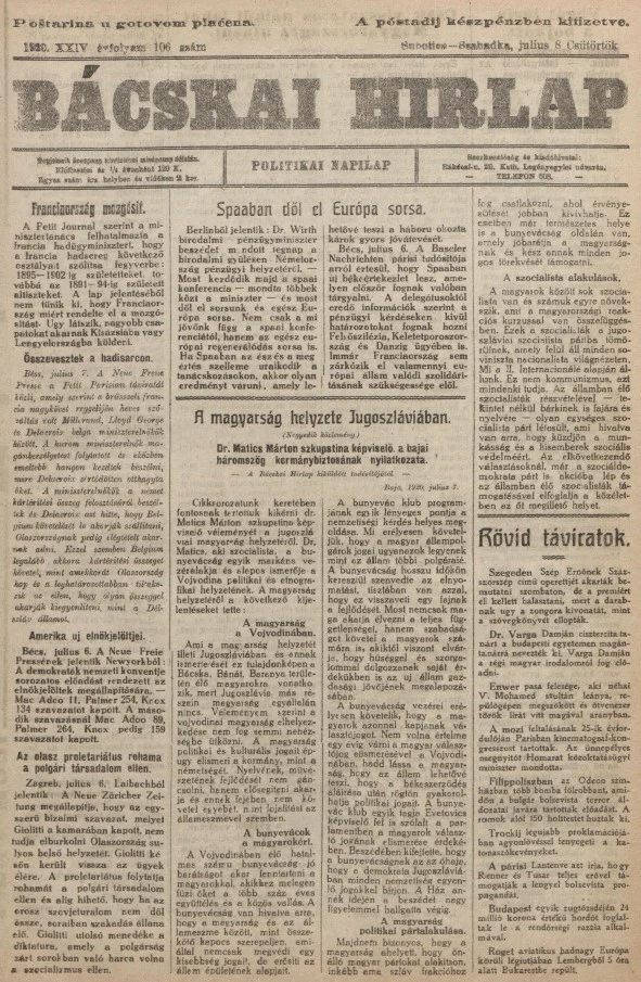 Bácskai Hirlap, 24. évf. 1920. július 8. 106. sz.