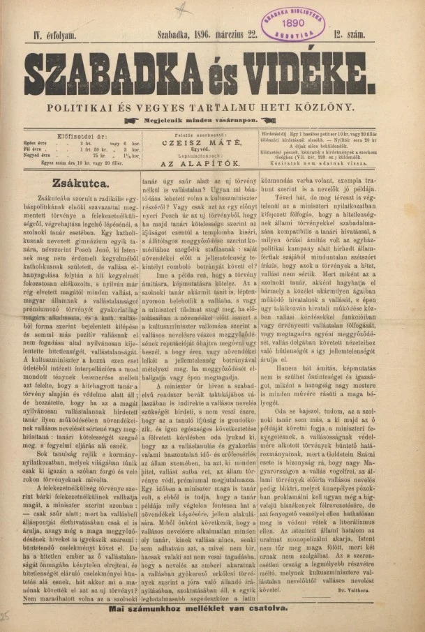 Szabadka és vidéke II, 4. évf. 1896. március 22. 12. sz.