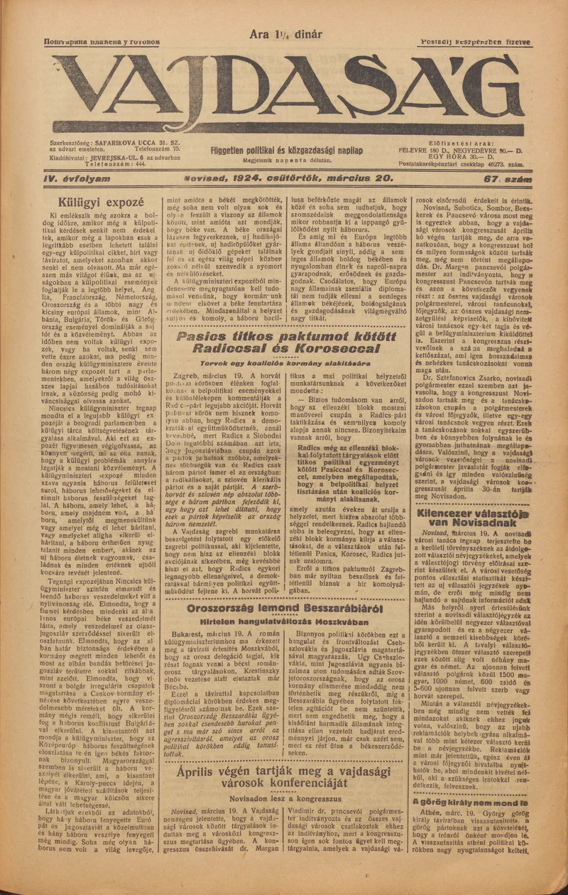 Vajdaság, 4. évf. 1924. március 20. 67. sz.