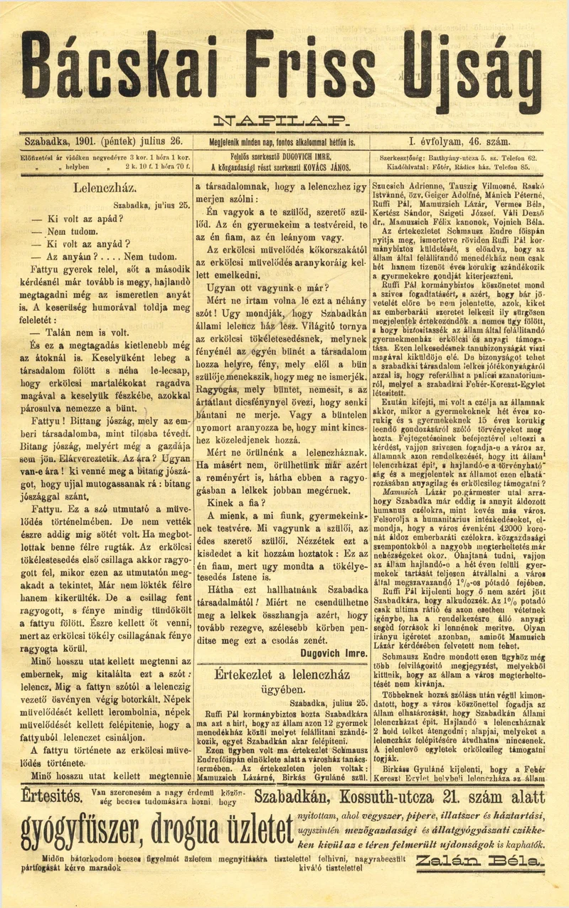 Bácskai Friss Ujság, 1. évf. 1901. július 26. 46. sz.