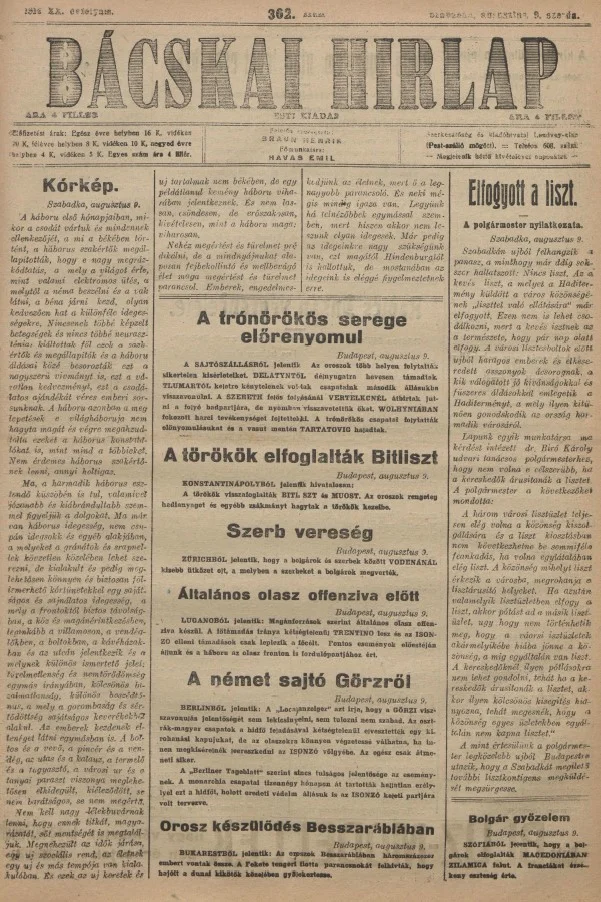 Bácskai Hirlap, 20. évf. 1916. augusztus 9. 362. sz.