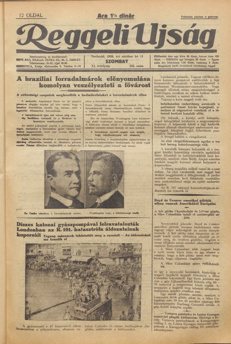 Reggeli Újság, 11. évf. 1930. október 11. 238. sz.