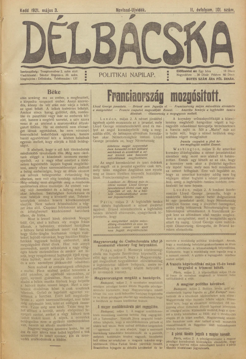 Délbácska, 2. évf. 1921. május 3. 101. sz.