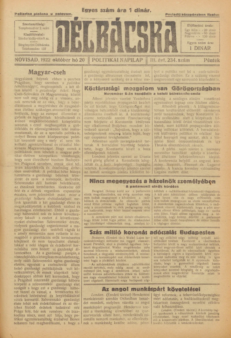 Délbácska, 3. évf. 1922. október 20. 234. sz.