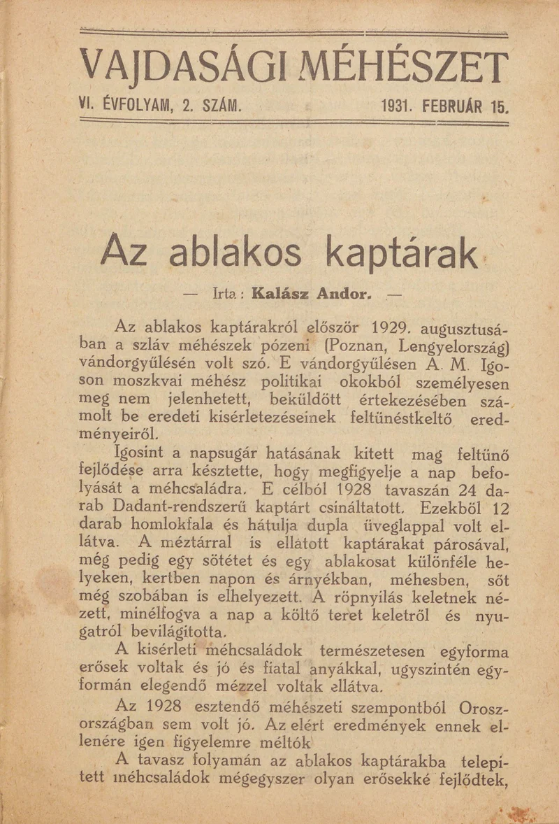Vajdasági méhészet, 6. évf. 1931. február 15. 2. sz.