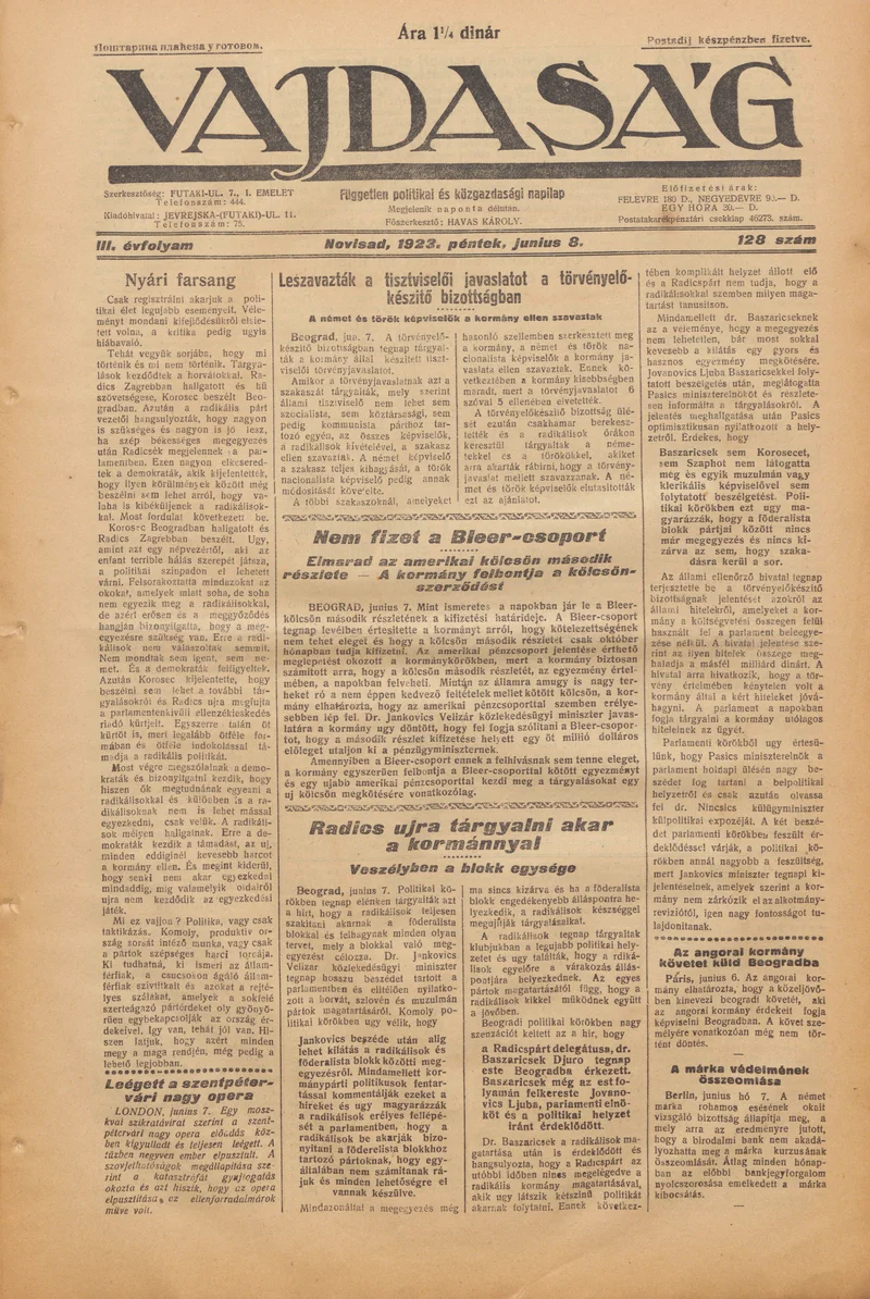 Vajdaság, 3. évf. 1923. június 8. 128. sz.