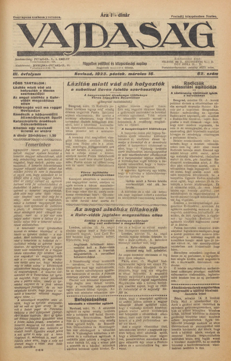 Vajdaság, 3. évf. 1923. március 16. 62. sz.