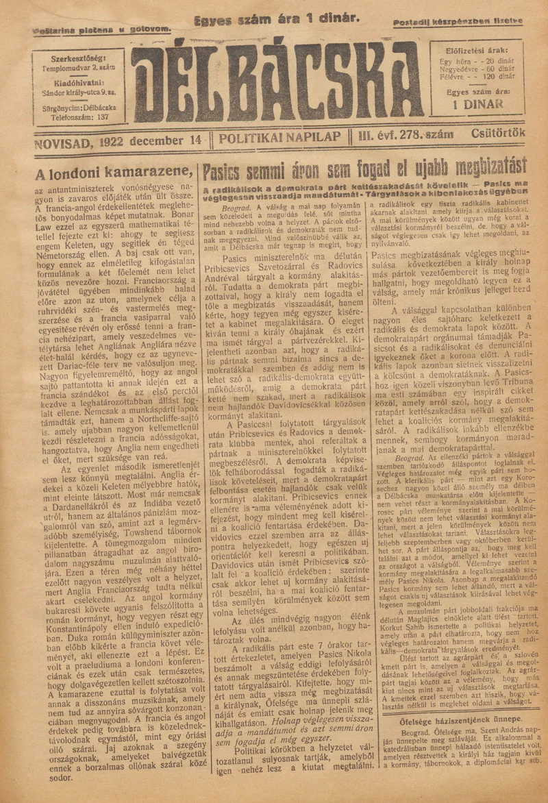 Délbácska, 3. évf. 1922. december 14. 278. sz.
