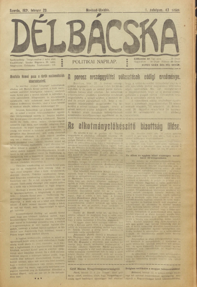 Délbácska, 2. évf. 1921. február 23. 43. sz.