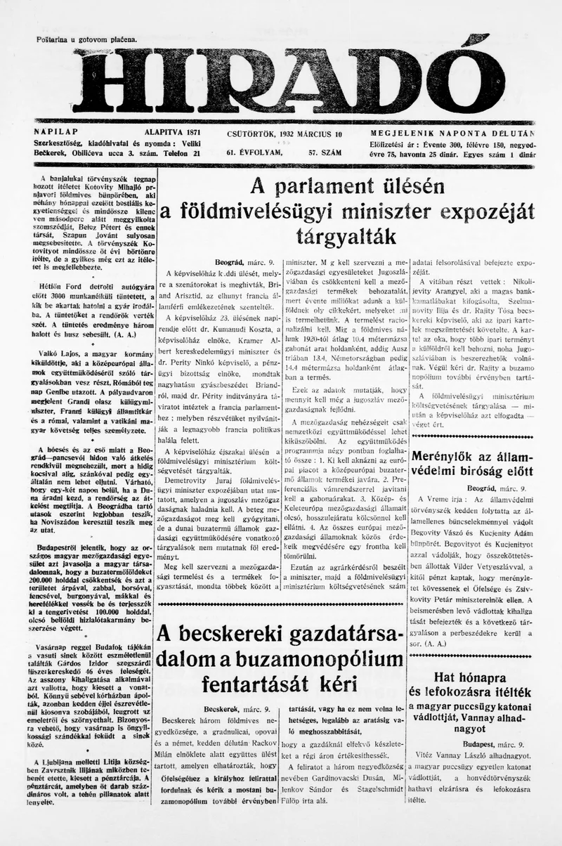 Híradó, 61. évf. 1932. március 10. 57. sz.