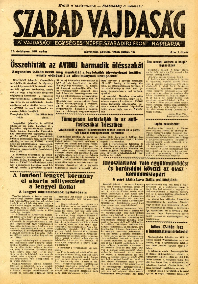 Szabad Vajdaság, 2. évf. 1945. július 13. 158. sz.