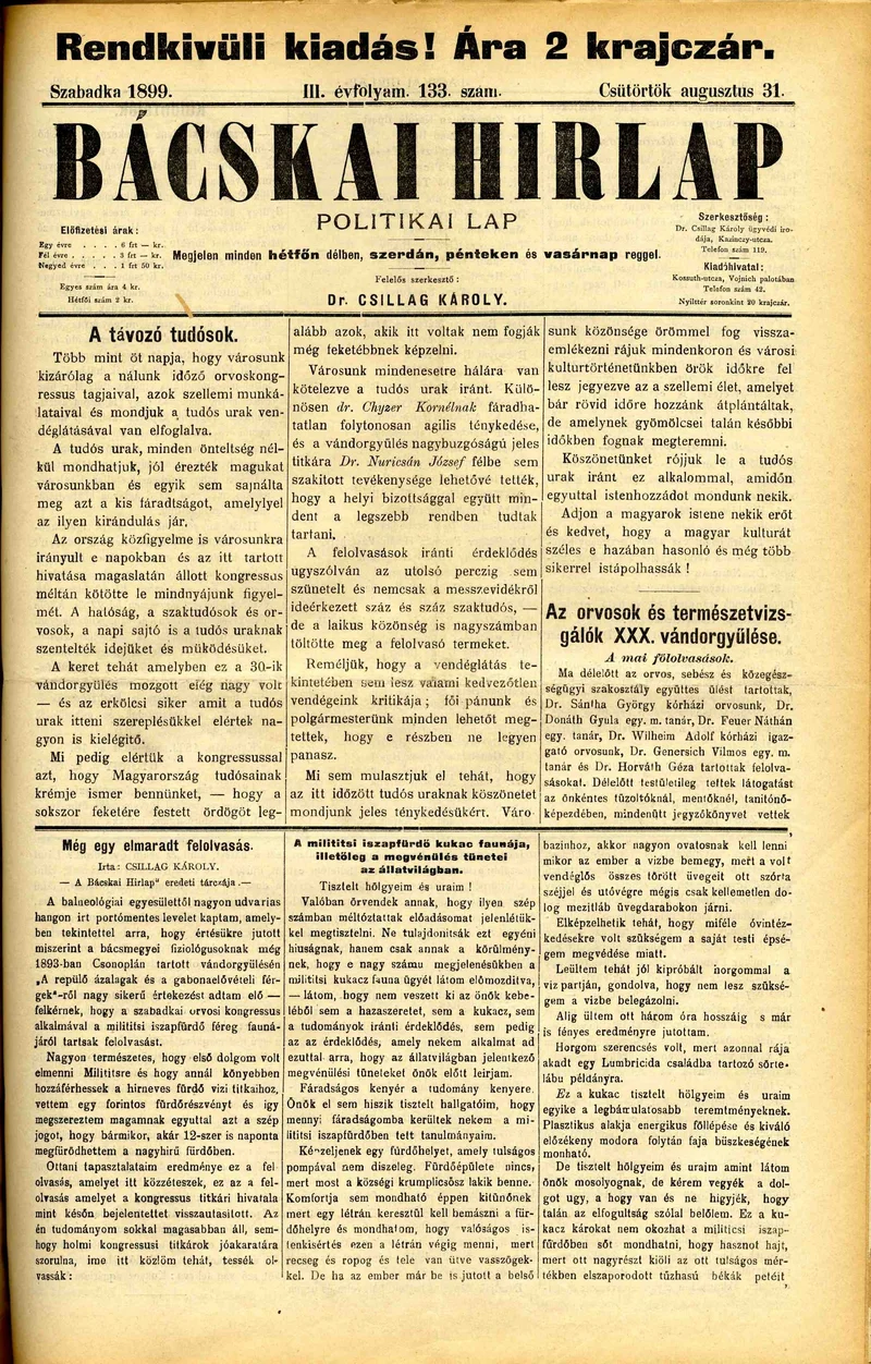 Bácskai Hirlap, 3. évf. 1899. augusztus 31. 133. sz.