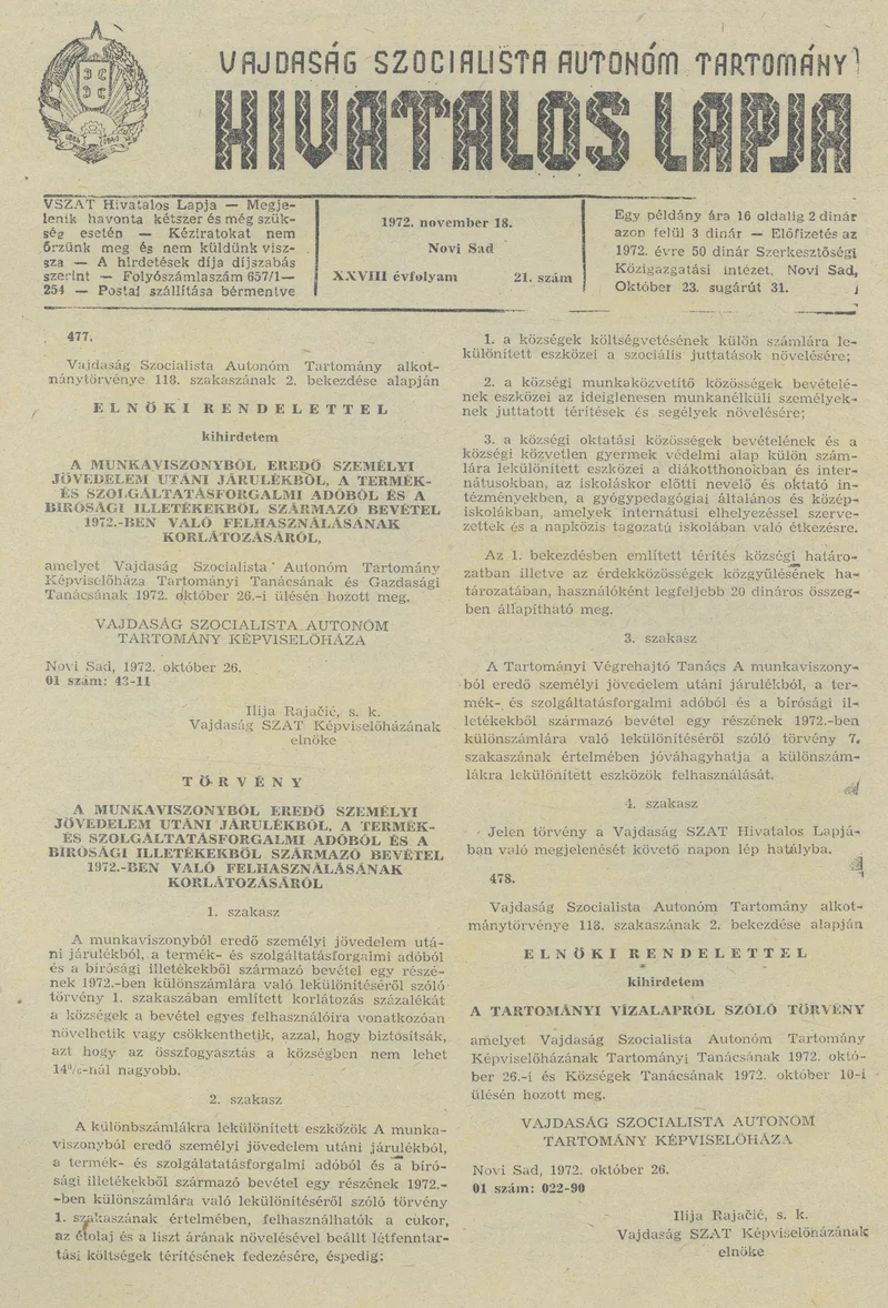 Vajdaság Szocialista Autonóm Tartomány Hivatalos Lapja, 28. évf. 1972. november 18. 21. sz. 705–716. oldal