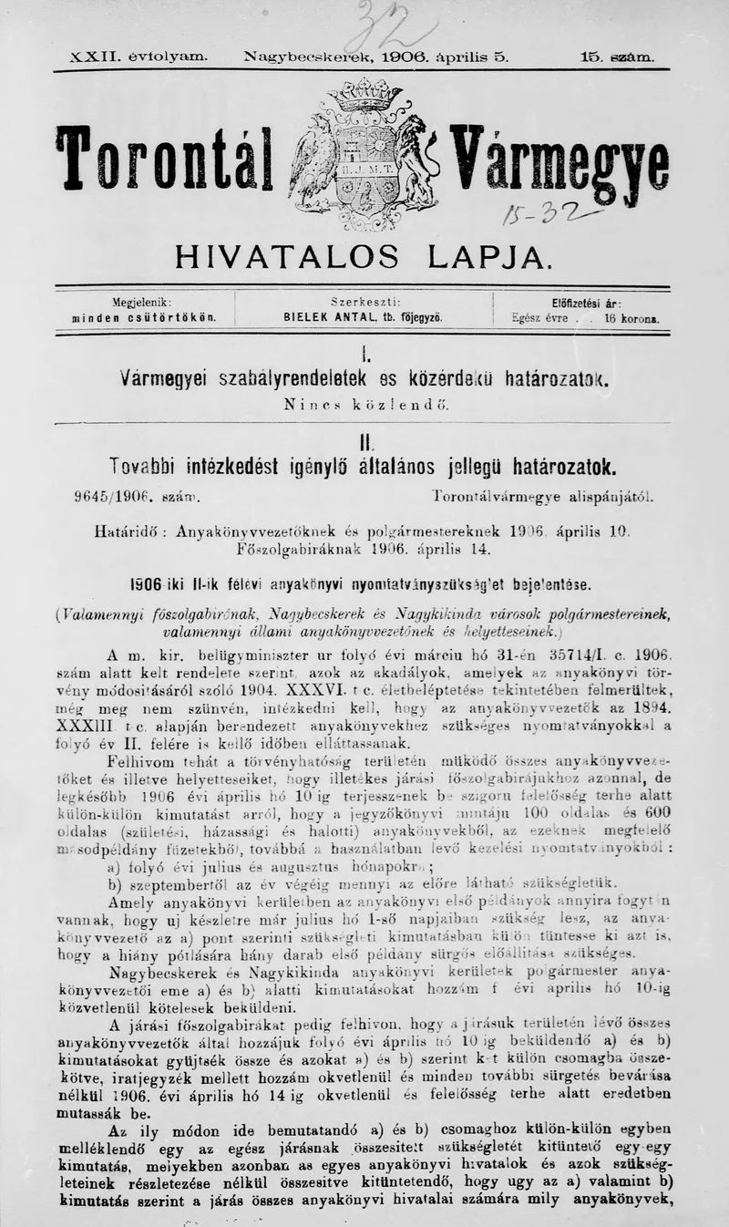 Torontál Vármegye Hivatalos Lapja, 22. évf. 1906. április 5. 15. sz.