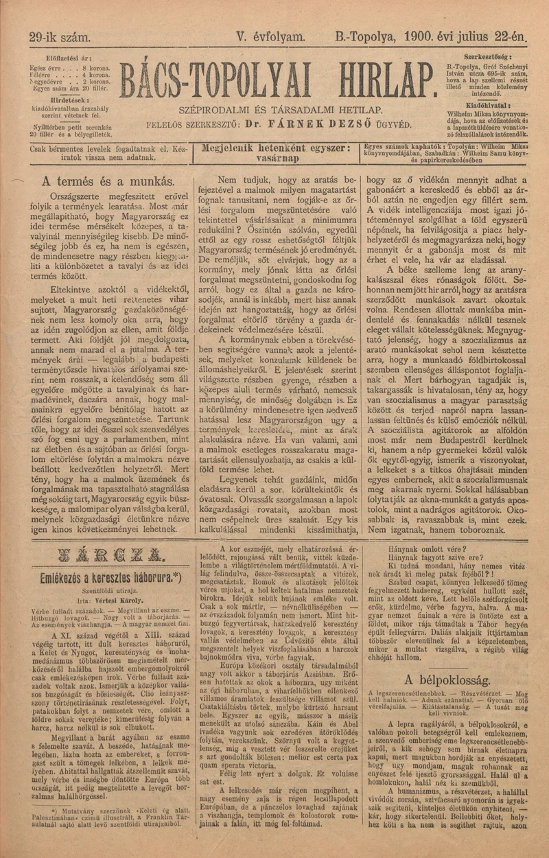 Bács-Topolyai Hirlap, 5. évf. 1900. július 22. 29. sz.
