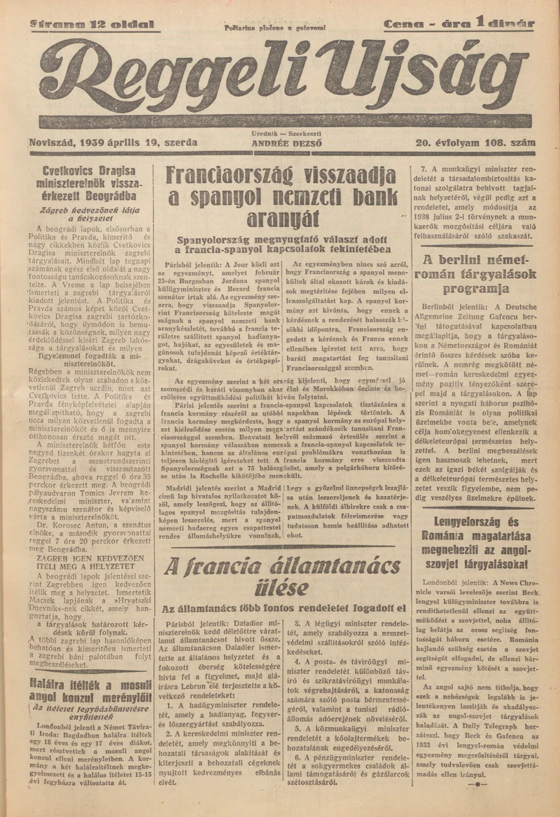 Reggeli Újság, 20. évf. 1939. április 19. 108. sz.