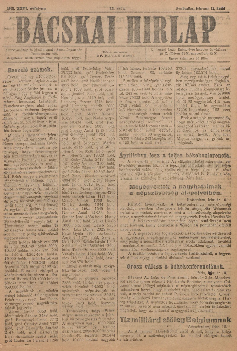 Bácskai Hirlap, 23. évf. 1919. február 11. 34. sz.