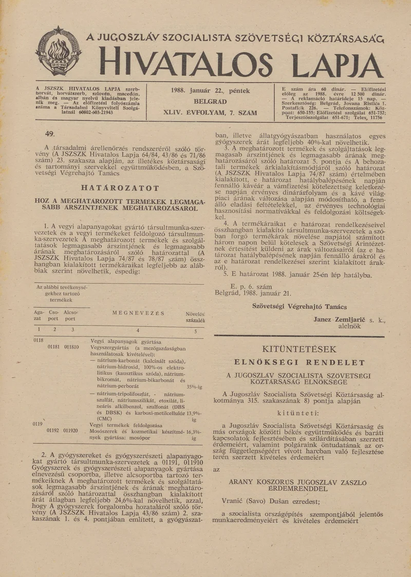 A Jugoszláv Szocialista Szövetségi Köztársaság Hivatalos Lapja, 44. évf. 1988. január 22. 7. sz. 189–192. oldal