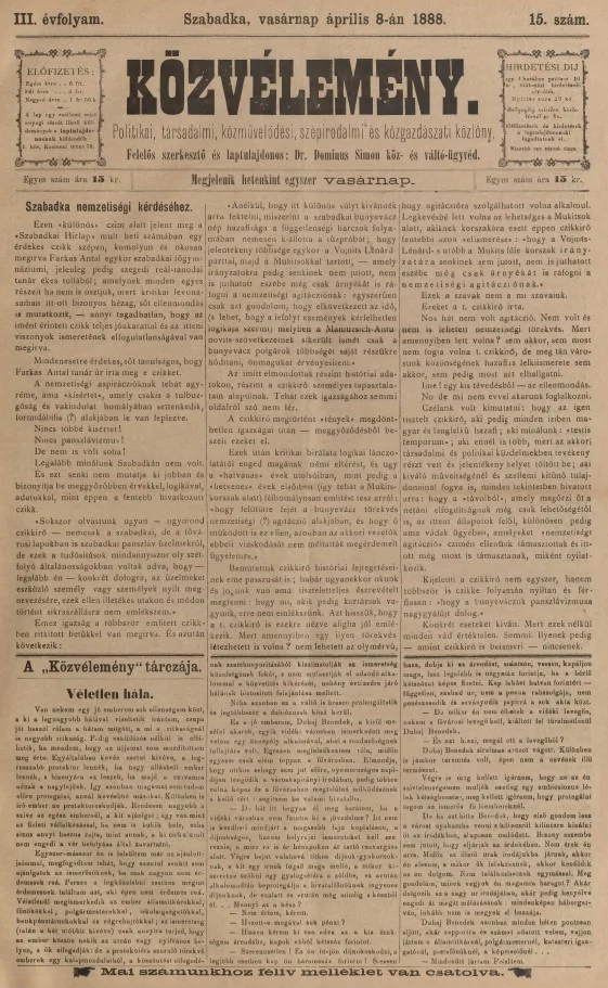 Közvélemény, 3. évf. 1888. április 8. 15. sz.