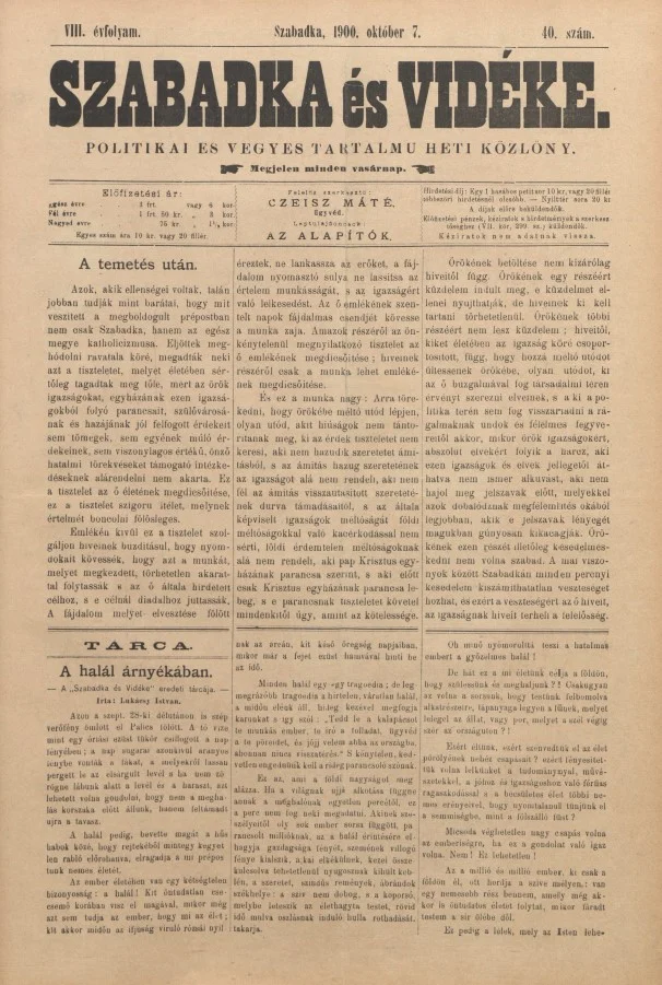 Szabadka és vidéke II, 8. évf. 1900. október 7. 40. sz.
