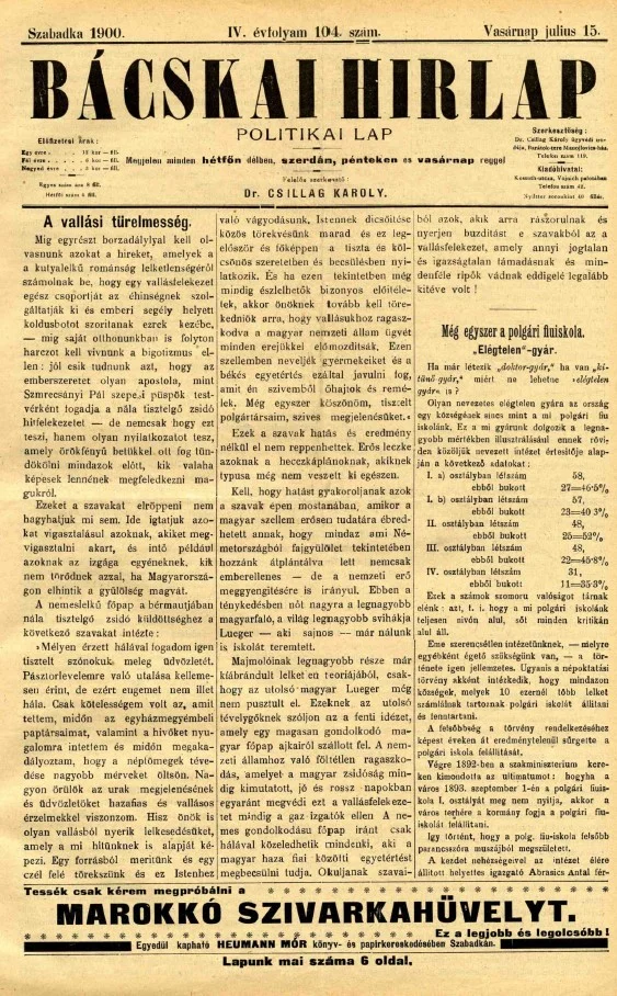 Bácskai Hirlap, 4. évf. 1900. július 15. 104. sz.