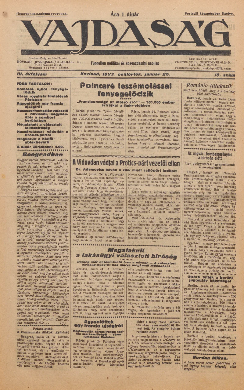 Vajdaság, 3. évf. 1923. január 25. 19. sz.