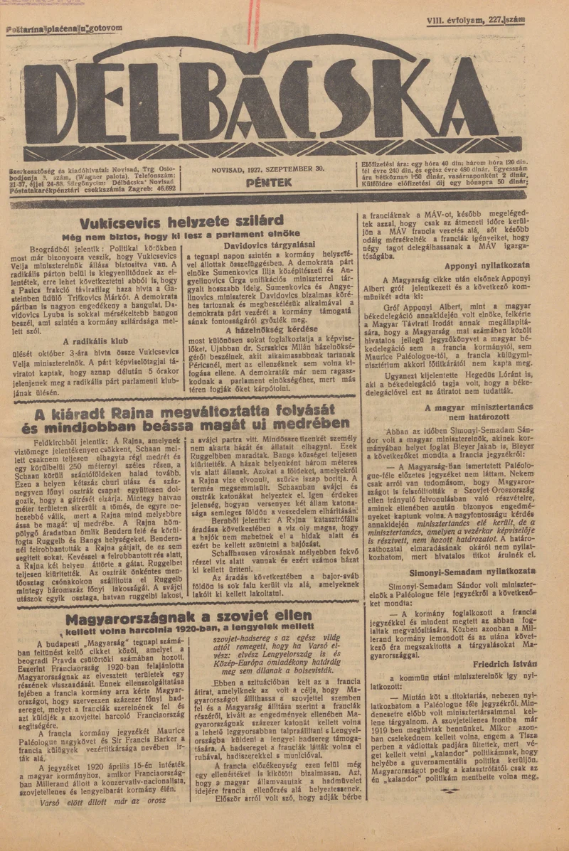 Délbácska, 8. évf. 1927. szeptember 30. 227. sz.
