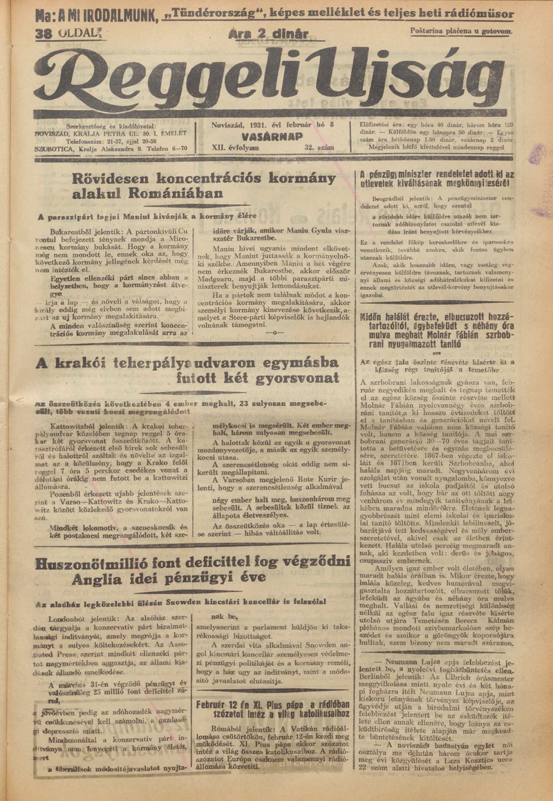 Reggeli Újság, 12. évf. 1931. február 8. 32. sz.